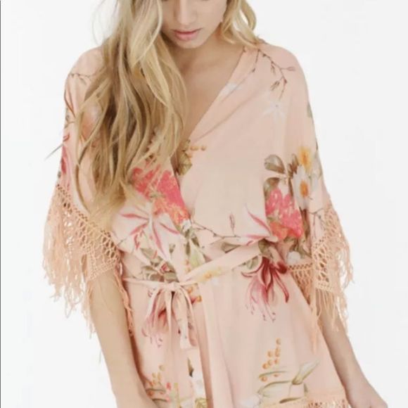 BHLDN Plum Pretty Sugar Hibiscus Floral Robe Kimono Fringe Trim Blush - Picture 5 of 5
